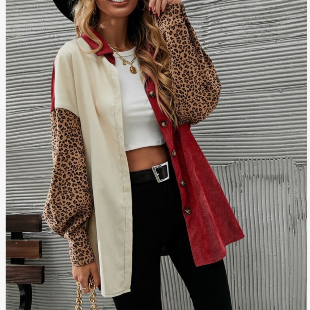 Cozy Corduroy  Oversized Relaxed fit Leopard Print Patch Work Button Down Shirt - Picture 5 of 16
